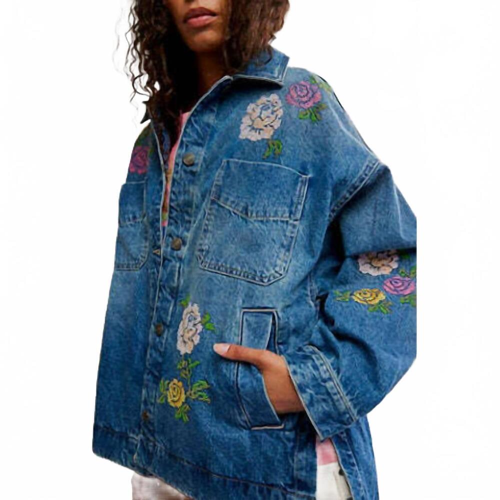 NEW FREE PEOPLE women's madison city embroidered cowboy romance jacket in blue